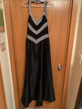 Black Strapless Satin Maxi Dress with White Chevron Accents